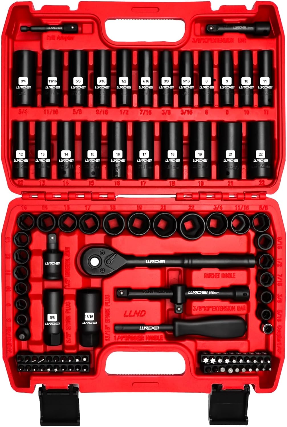 LLNDEI 3/8”Drive Impact Socket Set,Standard SAE(5/16 to 3/4-Inch) Metric Size(8-22mm), 95 Piece, CR-V Steel Deep&Shallow Kit, Adapters, Ratchet Handle, Screwdriver Bit Set, Spark Plug Socket, 6 Point - Image 2