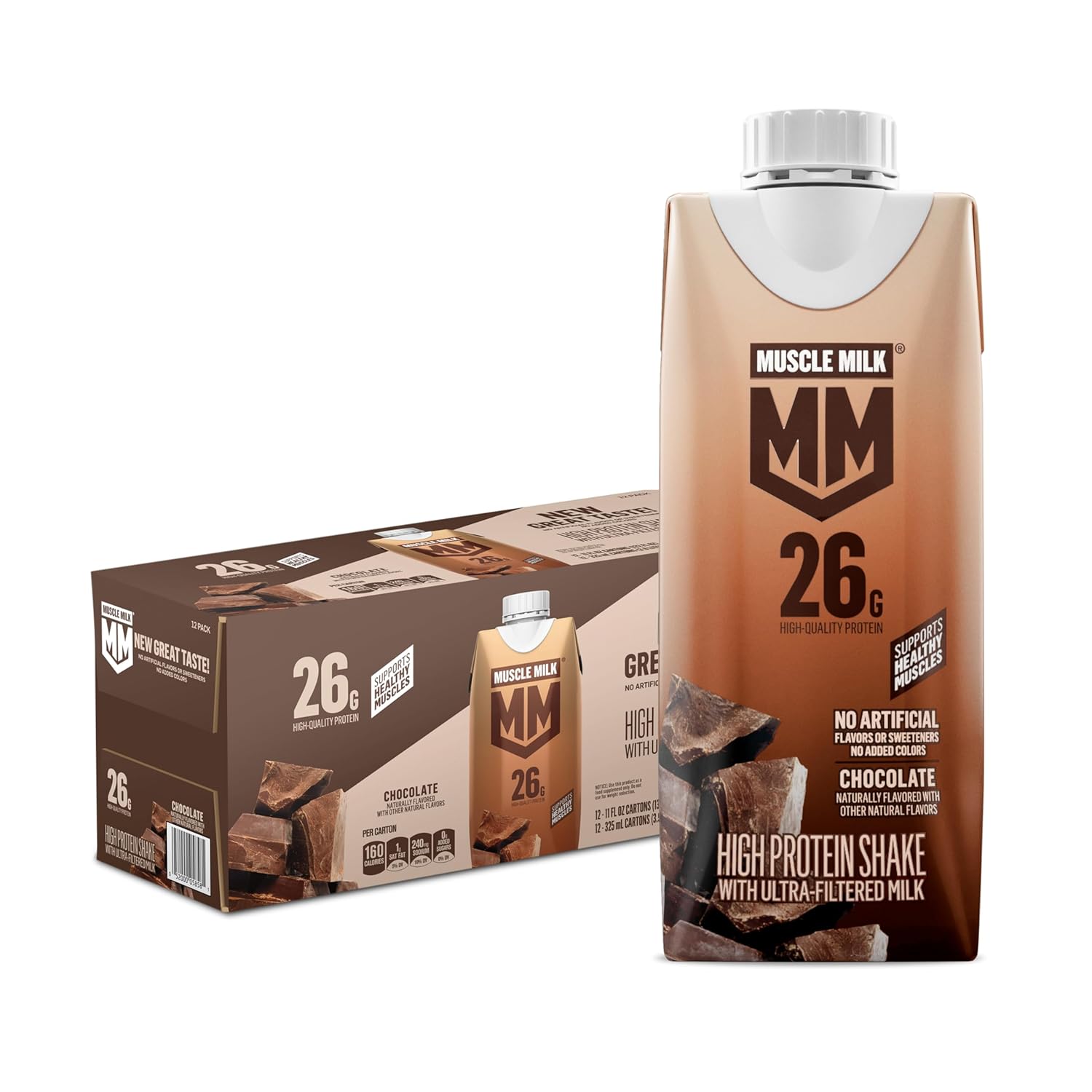 Muscle Milk High Protein Shake, Chocolate, 11 fl oz Cartons (12 Pack) Ultra Filtered Milk, 26g High Quality Protein Shake, 3g Sugar, 160 Calories, No Artificial Flavors, No Artificial Sweeteners, No Added Colors - Image 2