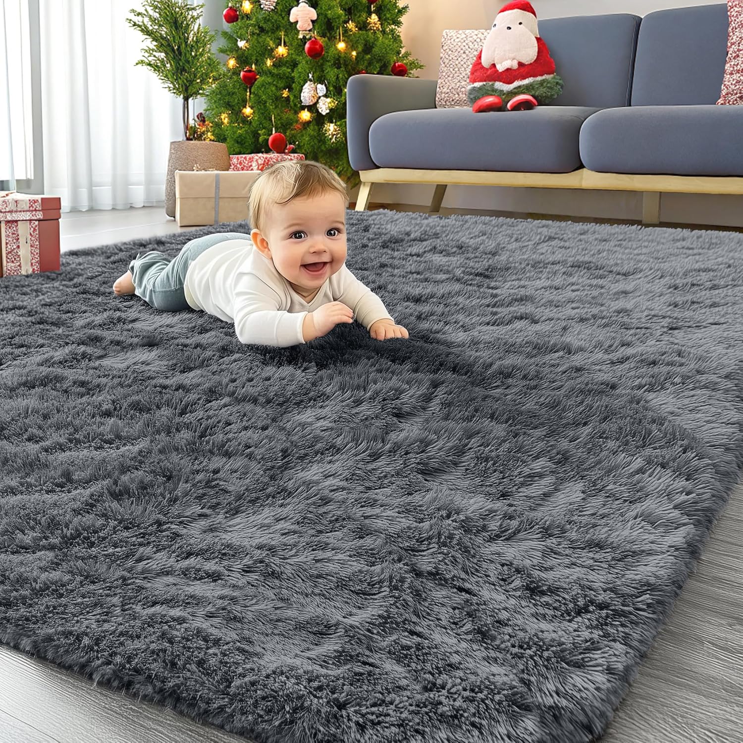 OLANLY Area Rugs for Living Room Bedroom, Machine Washable 4x5.9 ft Soft Fluffy Shaggy Bedside Rug, Indoor Floor Carpet for Kids Girls and Boys, Dorms, Nursery Rooms, Home Decor Aesthetic, Grey - Image 2