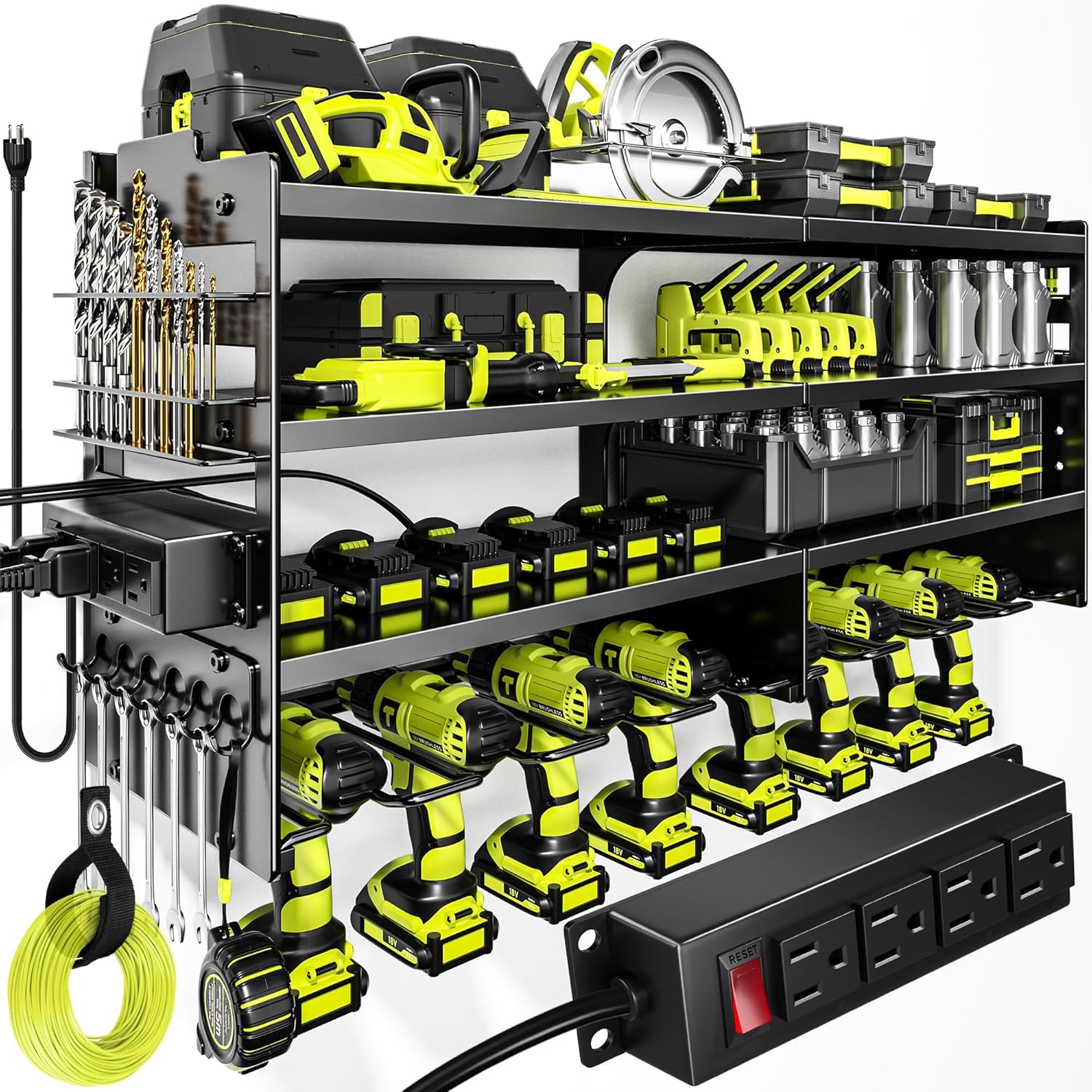 POKIPO Large Power Tool Organizer Wall Mount with Charging Station,4 Layer Heavy Duty Metal Tool Storage Rack Loads 600lbs with 8 Cordless Drill Holder,Battery Utility Rack Loads with 4 Power Strip - Image 2