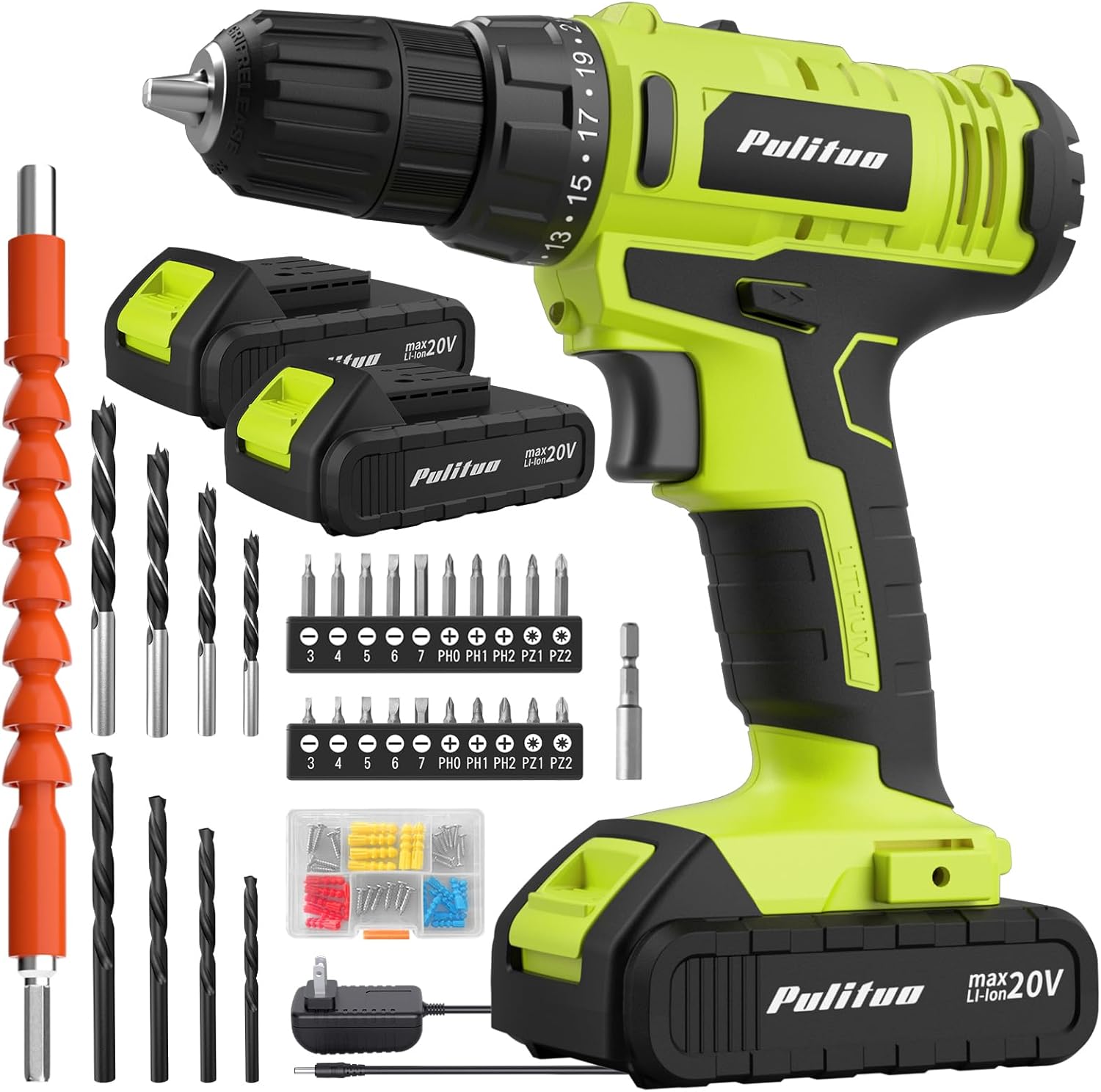 PULITUO'S 20V Cordless Drill/Driver, Electric Screwdriver - 2 Batteries, 30Nm, 21+1 Torque, 2 Speed, Keyless 3/8" Chase Drill with LED Light, Kit for Home (Green) - Image 2
