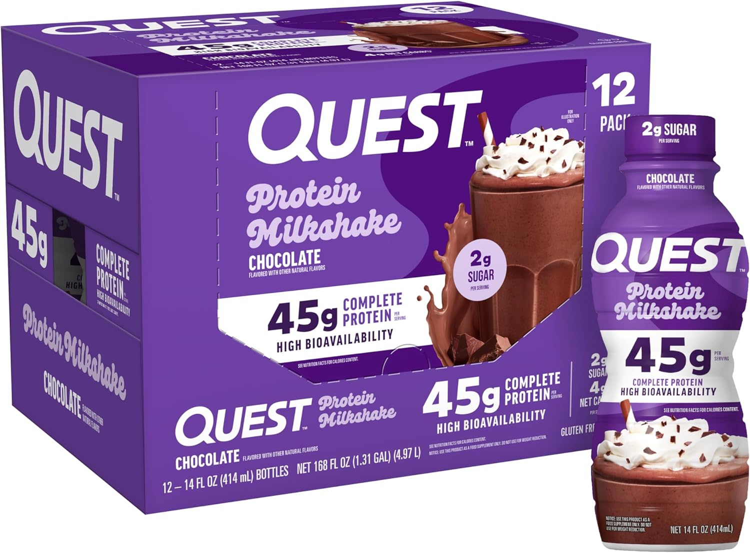 Quest Nutrition Chocolate Protein Shake, 45g Protein, 2g Sugar, 4g Net Carbs, Ready to Drink, Gluten Free, 12 Count - Image 2