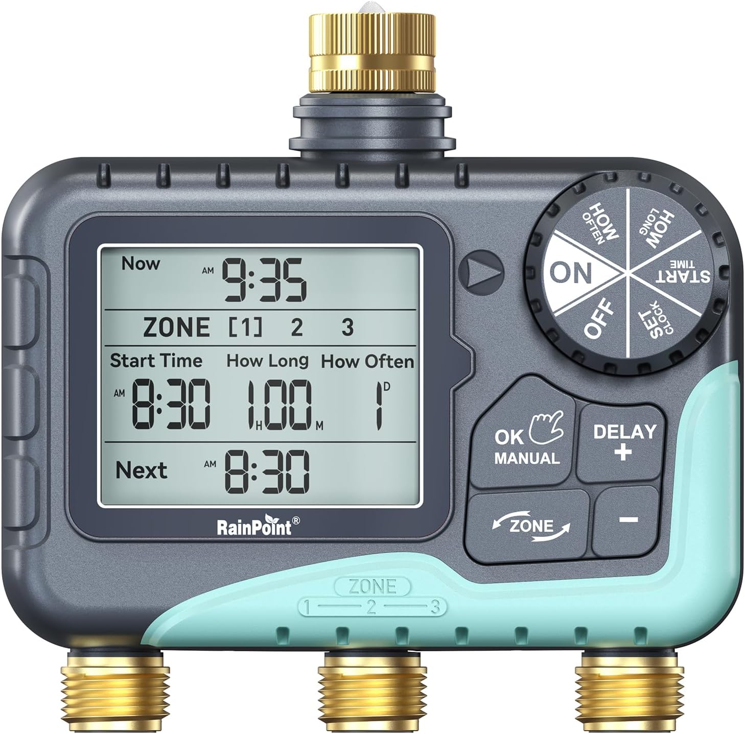 RAINPOINT 3 Zone Water Timer with Brass Inlet & Outlet, 3 Custom Watering Plans Sprinkler Timer, Featuring IP65 Waterproof,Rain Delay, Manual & Automatic Watering with Large LCD for Yard, 2026 Ver. - Image 2