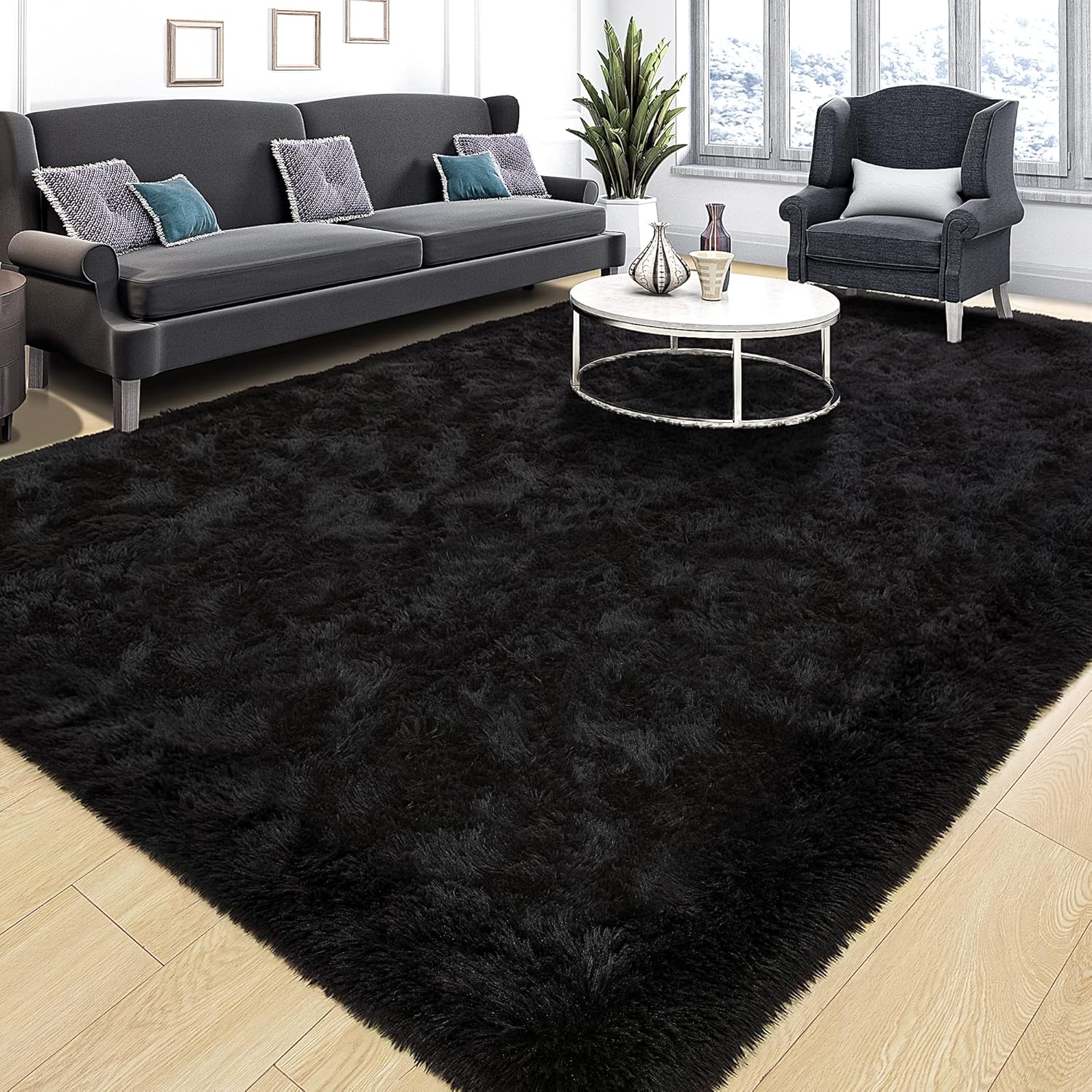 Tepook Super Soft Fluffy Rug for Bedroom, Modern Shaggy Fuzzy Kids Rugs for Living Room, Plush Indoor Nursery Home Decor Dorm Carpet with Non-Slip Bottom, Black, 4 X 6 Feet - Image 2