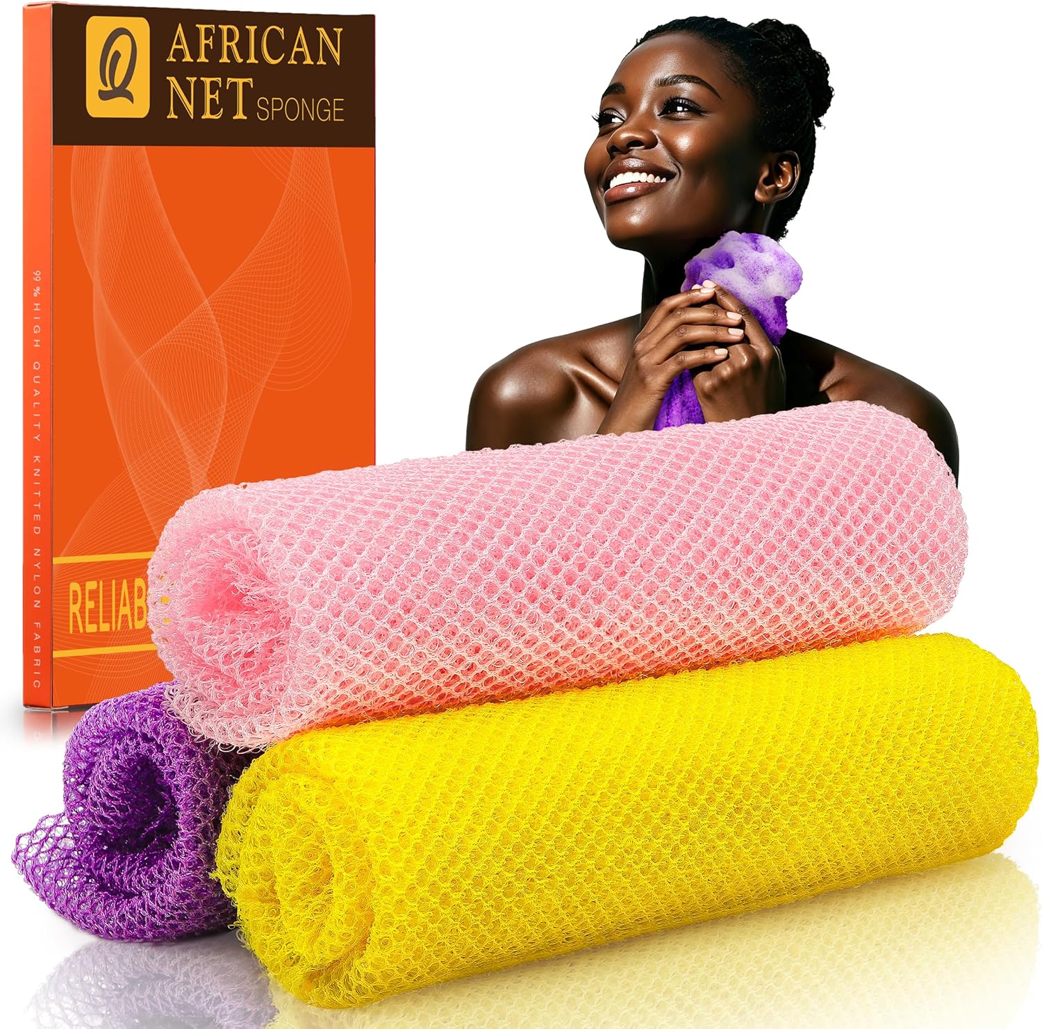 UJFQBH 3 Pieces African Bath Sponge African Net Long Net Bath Sponge Exfoliating Shower Body Scrubber Back Scrubber Skin Smoother,Great for Daily Use (Pink,Yellow,Purple) - Image 2