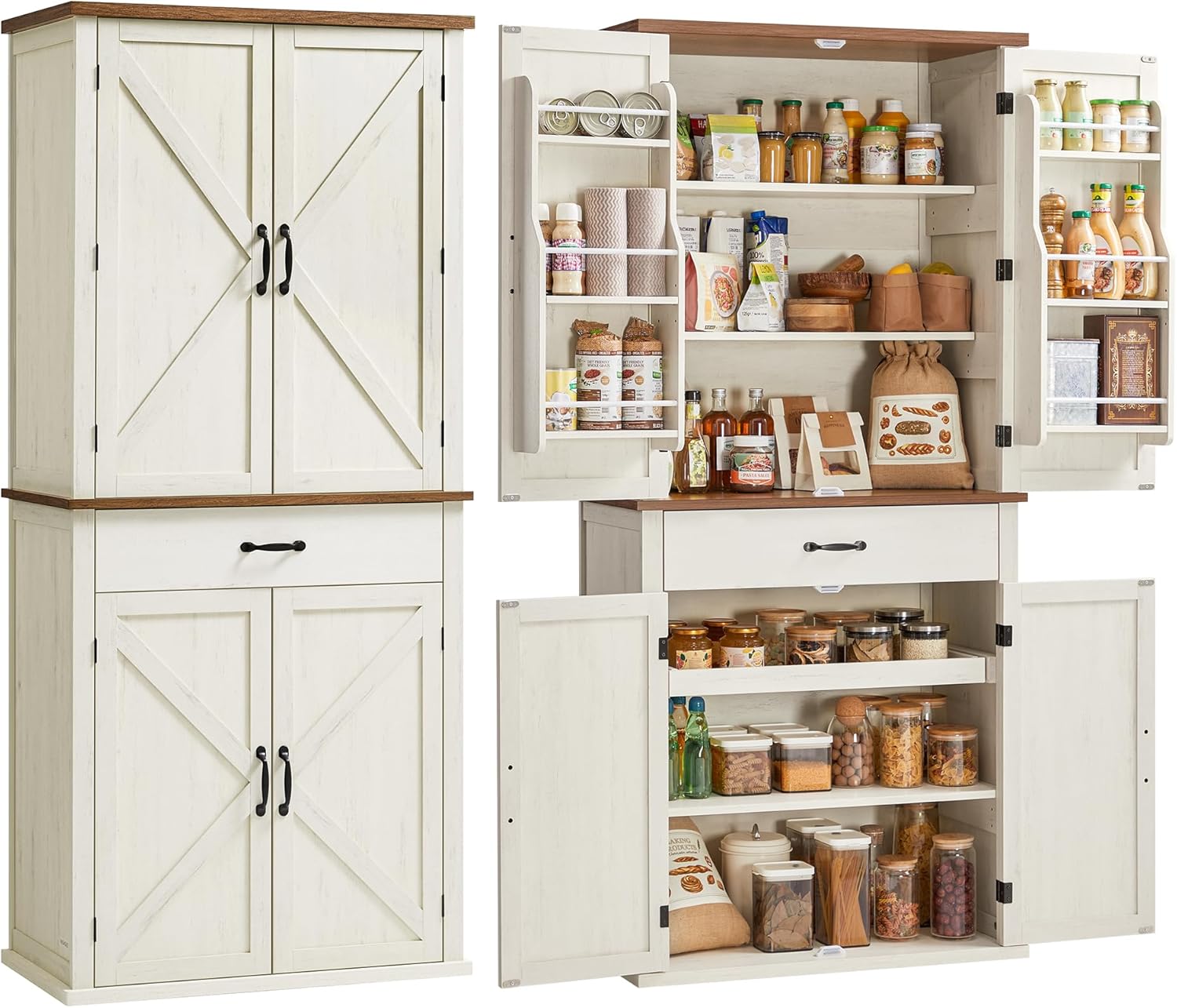 VASAGLE LIRY Collection - Pantry Cabinet, 70.3-Inch Tall Farmhouse Kitchen Storage Cabinet with Barn Doors, Drawer, Tray, Adjustable Shelves, for Kitchen, Dining Room, Rustic White UBBK364W01 - Image 2