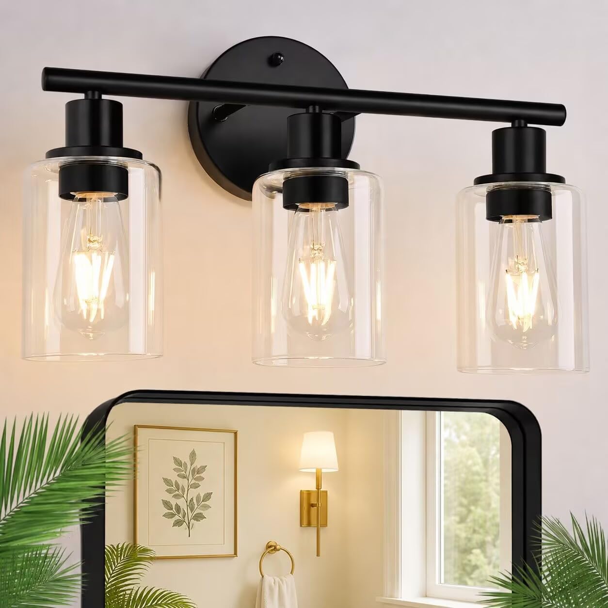 Zarbitta 3-Light Bathroom Light Fixtures, 17.23" Black Modern Vanity Lights with Clear Glass Shade, Bathroom Wall Lamp for Mirror Kitchen Living Room Hallway Cabinet Porch - Image 2