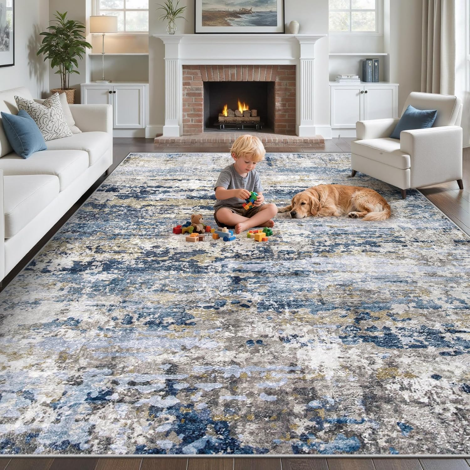 pmtsns 8x10 Washable Area Rugs, Modern Abstract Living Room Rug Non Slip Low Pile Large Carpet for Bedroom Dining Room Home Office Kids Room, Blue Grey Brown, 8Ftx10Ft(244cmx305cm) - Image 2