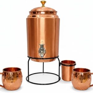 Pure Copper Plain Mate drinkware water dispenser Storage Water Tank, Pot ayurveda health healing Water Tank with Tap and set of 2 Copper hammered mug 1Glass, water container tank with 5 Ltr Capacity Pure Copper Plain Mate drinkware water dispenser Storage Water Tank, Pot ayurveda health healing Water Tank with Tap and set of 2 Copper hammered mug 1Glass, water container tank with 5 Ltr Capacity