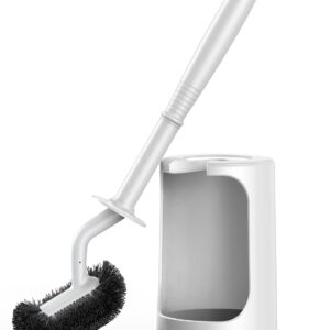 HAMITOR Toilet Bowl Brush Holder Set: Curved Design with Holder for Deep Cleaning Under Rim – Compact Hidden Scrubber for Small Space – Modern RV Bathroom Accessories – White 1 Pack