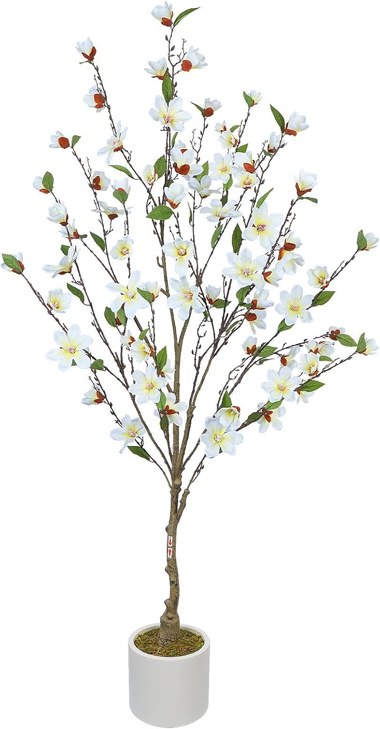 5FT Artificial Magnolia Tree Tall Fake Plant Outdoor in White Planter Pot - Faux Trees Indoor Tall Fake Floor Plant with Silk Magnolia Flowers for Home Front Porch Office Patio Garden Decor