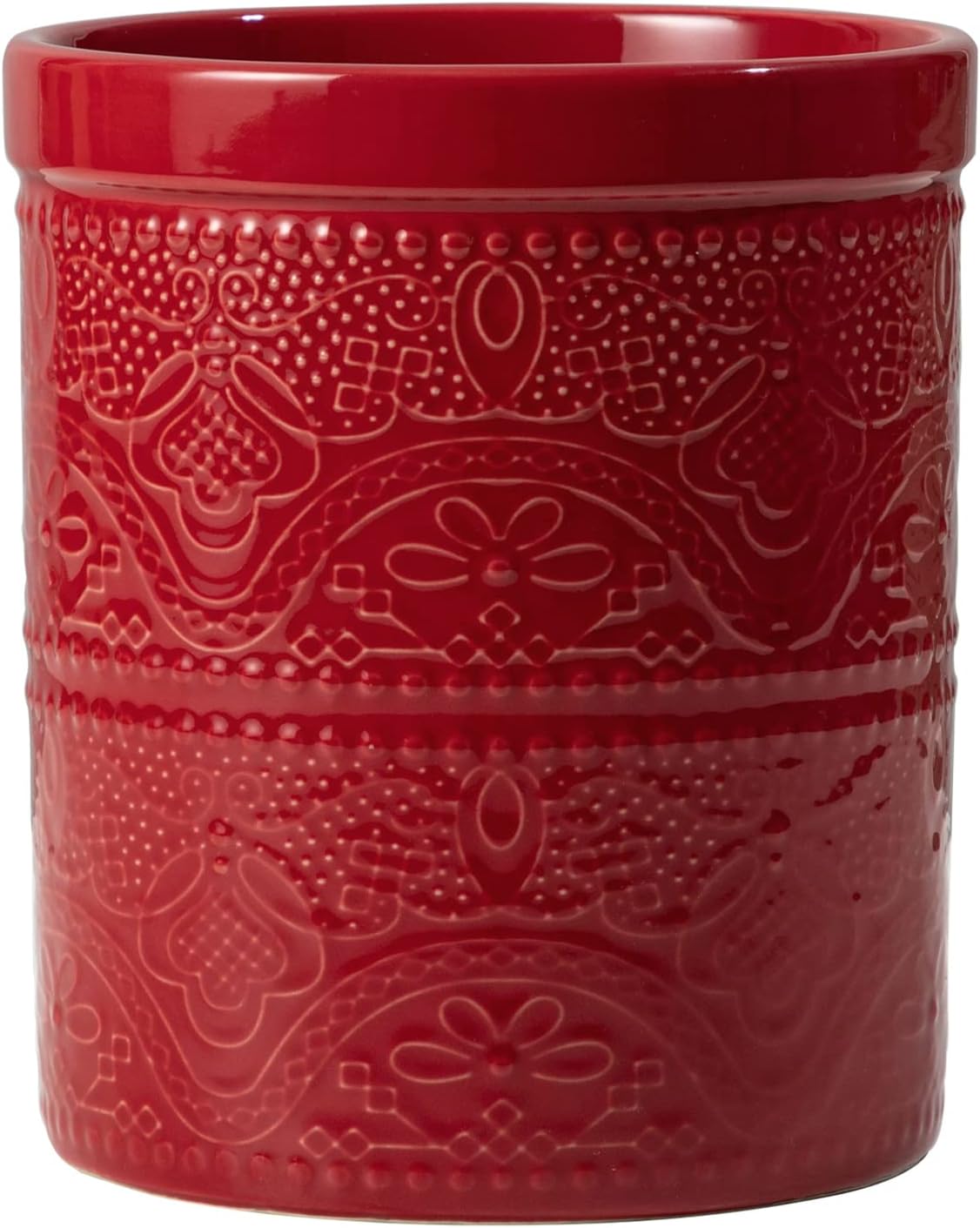 Kitchen Utensil Holder, 7.2" Super Large Utensil Crock Heavy and Stable Lace Emboss Ceramic Utensil Holder for Kitchen Counter (Christmas Red)