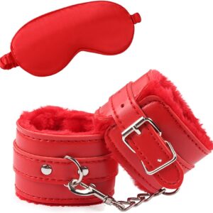 Elegant Adjustable Fluffy Handcuffs, Faux Leather with Soft Satin Eye Mask Party Supplies for Lover Couple (Red) Elegant Adjustable Fluffy Handcuffs, Faux Leather with Soft Satin Eye Mask Party Supplies for Lover Couple (Red)