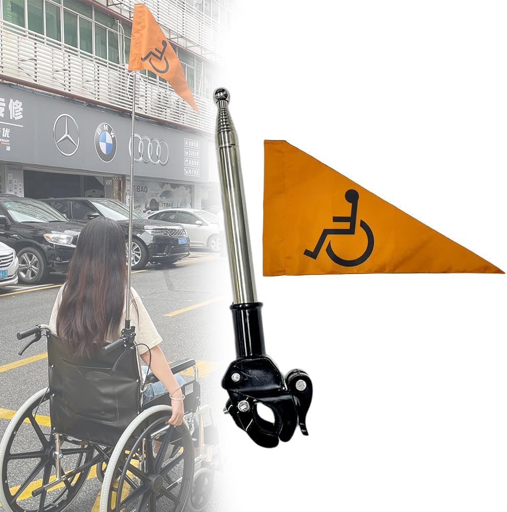 Handicap Flag for Wheelchair & Mobility Scooter, 4 Ft Folding High Visibility Orange Safety Flag with Mounting Pole, Visibility Accessory for Power Wheelchair, Scooter & Rollator