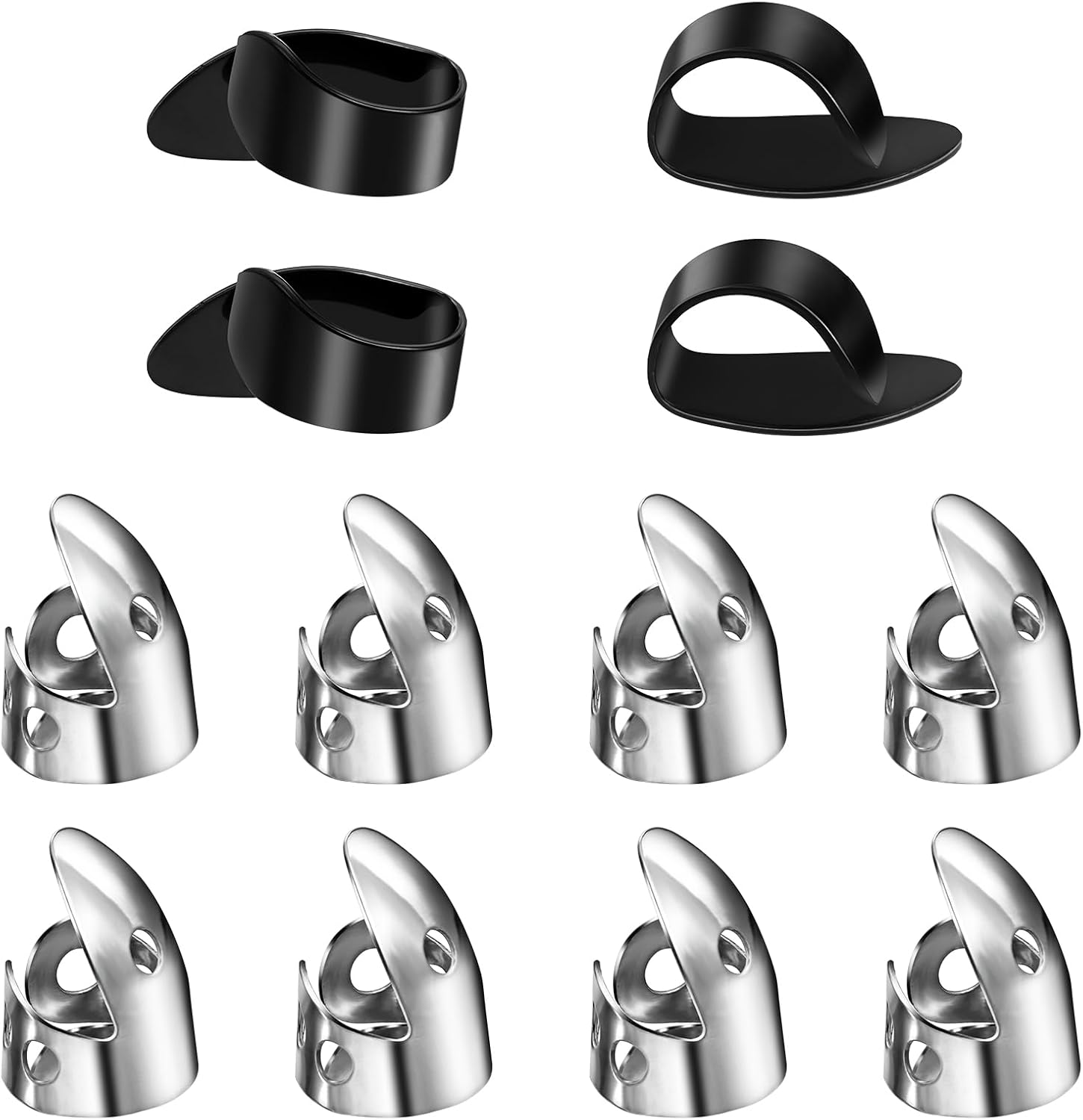 12 Piece Thumb Picks Set, Adjustable Banjo Picks 8 Pcs Stainless Steel Finger & 4 Pcs Plastic Thumb Pick Metal Bass Guitar Accessories for Harp Bass Pick Guitar(Silver Black)