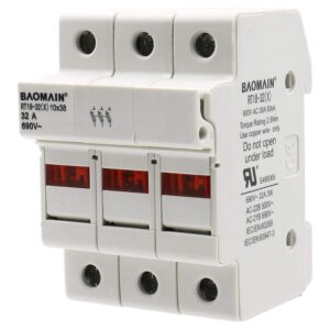 BAOMAIN 3P 690V DIN Rail Fuse Holder for 10x38mm Fuses,UL Recognized | RT18-32(X) 32A 690V AC 3-Pole Fuse Base.with LED Indicator Light.18-8 AWG.For 10x38mm Cylindrical Fuses BAOMAIN 3P 690V DIN Rail Fuse Holder for 10x38mm Fuses,UL Recognized | RT18-32(X) 32A 690V AC 3-Pole Fuse Base.with LED Indicator Light.18-8 AWG.For 10x38mm Cylindrical Fuses