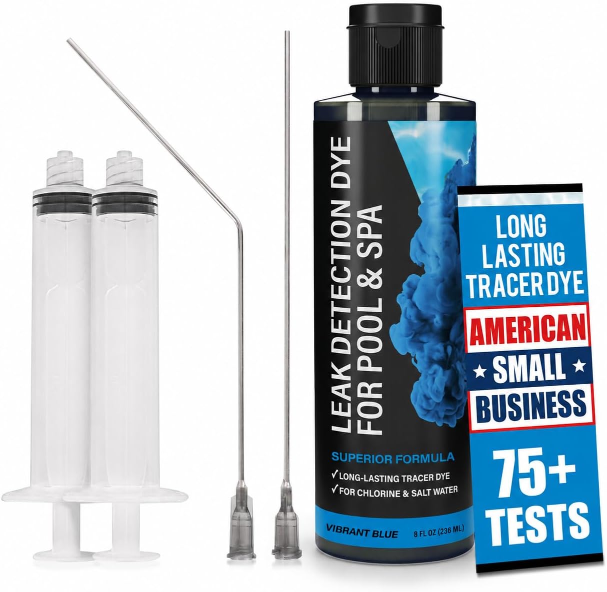 Pool Leak Detection Dye Kit - 75+ Tests - 2 Stainless Steel Precision Applicators - Superior Long Lasting Pool Dye Easily Locates Leaks - for All Pool, Spa, & Hot Tub Types - 8 OZ (Vibrant Blue)