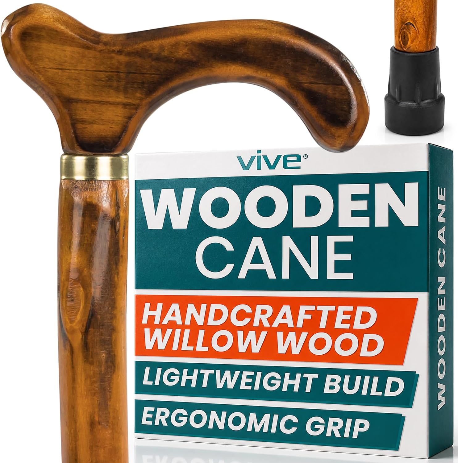 Vive Wooden Walking Stick Cane - for Men, Women, & Seniors - 36 Inch Single Point Rubber Tip with Willow Handle - Ergonomic Grip for Balance & Stability - Lightweight Elderly Assistance Product