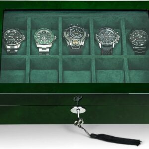 Watch Box for Men 10 Watches Storage Organizer Case, Smart Watch Display, Green Wood with Soft Suede Interior, Large Glass Window, Gift for Women and Man (10W-GR) Watch Box for Men 10 Watches Storage Organizer Case, Smart Watch Display, Green Wood with Soft Suede Interior, Large Glass Window, Gift for Women and Man (10W-GR)