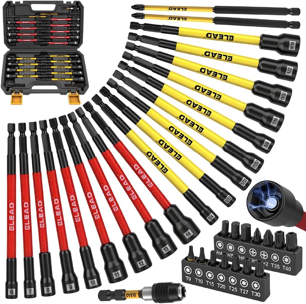 Magnetic Nut Driver Bit Set, 35-Piece Extra Long Nut Driver Set for Impact Drill, Metric & SAE, PH1 & PH2 Screwdriver Bits 1/4 Drive Shank Adapter Extension, Durable for Professional Projects
