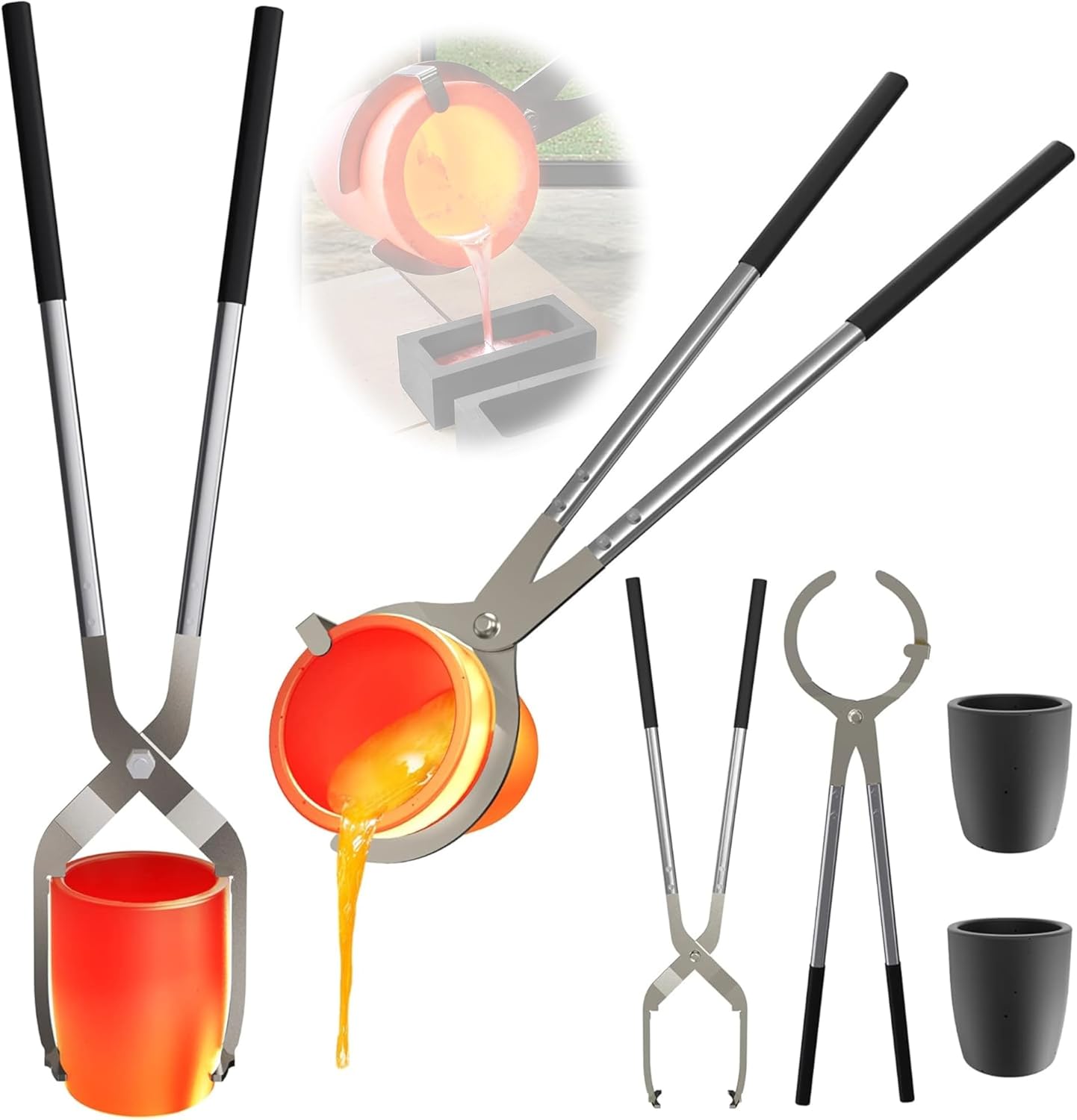 Nelyrho #10 (26lbs-12kg) Crucible Tongs Set with Lifting Tongs, Pouring Tongs and 2 Graphite Crucibles for Casting and Melting Metal