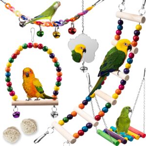 Bird Toys for Parakeets 7Pcs, Wood Parrots Budgie Cage Accessories, Bird Perch Swings for Small Conure Cockatiel Toys, Bird Ladder Swing for Parakeets Climbing 18” Bird Toys for Parakeets 7Pcs, Wood Parrots Budgie Cage Accessories, Bird Perch Swings for Small Conure Cockatiel Toys, Bird Ladder Swing for Parakeets Climbing 18”