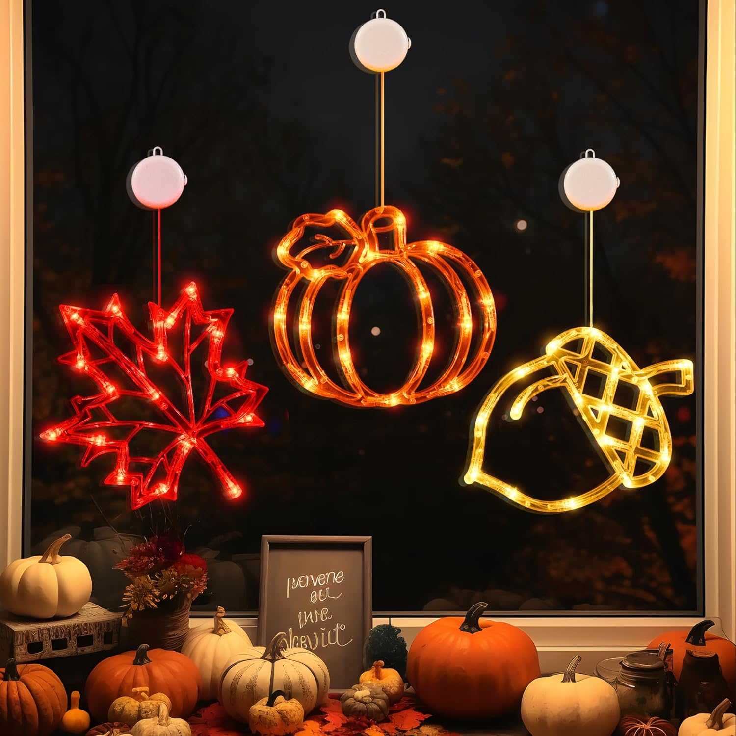 Fall Decor Window Lights 2026 Thanksgiving Decorations Acorn Maple Leaves Pumpkin LED Lights with Suction Cups Battery Operated(Exclusive) Slow Fade Mode Timer Autumn Decorations for Home