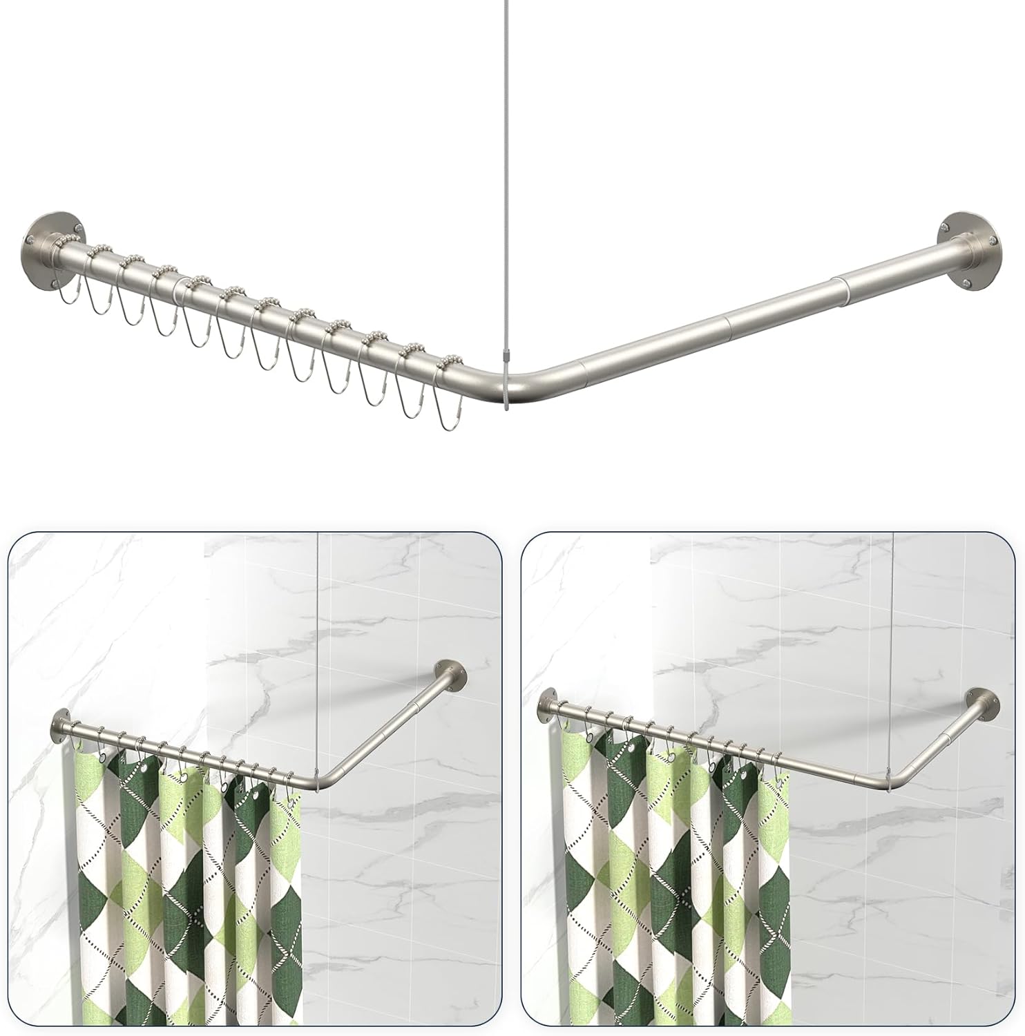 L Shaped Shower Curtain Rods, Adjustable (23''-69'' X 23''-69'') Corner Shower Rod with 12 Shower Curtain Rings, All 304 Stainless Steel, for Bathroom, Bathtub, Clothing Store, Need to Drill, Silver