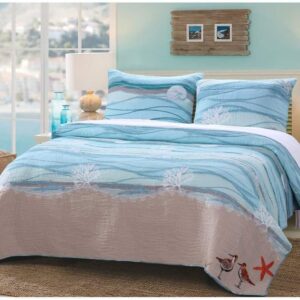 GHF 3 Piece King Ocean Themed Quilt Set, Coastal Sea Blue Beach Bedding, Turquoise Wave Pattern, Embroidered Seashells, Corals, Shore Birds, Sand Brown, Beautiful Design GHF 3 Piece King Ocean Themed Quilt Set, Coastal Sea Blue Beach Bedding, Turquoise Wave Pattern, Embroidered Seashells, Corals, Shore Birds, Sand Brown, Beautiful Design
