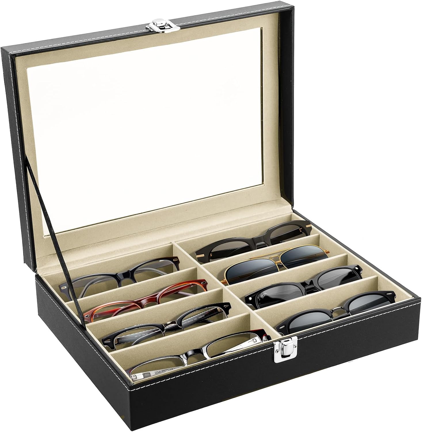 8 Slot Eyeglass Sunglass Storage Box | PU Leather Multi Sunglasses Organizer for Women Men, Display Case
