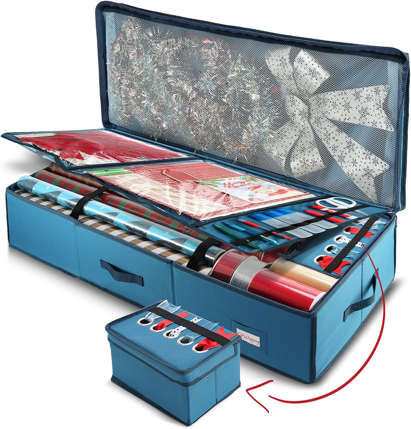 Hearth & Harbor Wrapping Paper Storage Container - Christmas Storage Bag with Ribbon Dispenser and Interior Pockets - Gift Wrap Organizer Fits Up to 26 Rolls of 40" Length, Blue