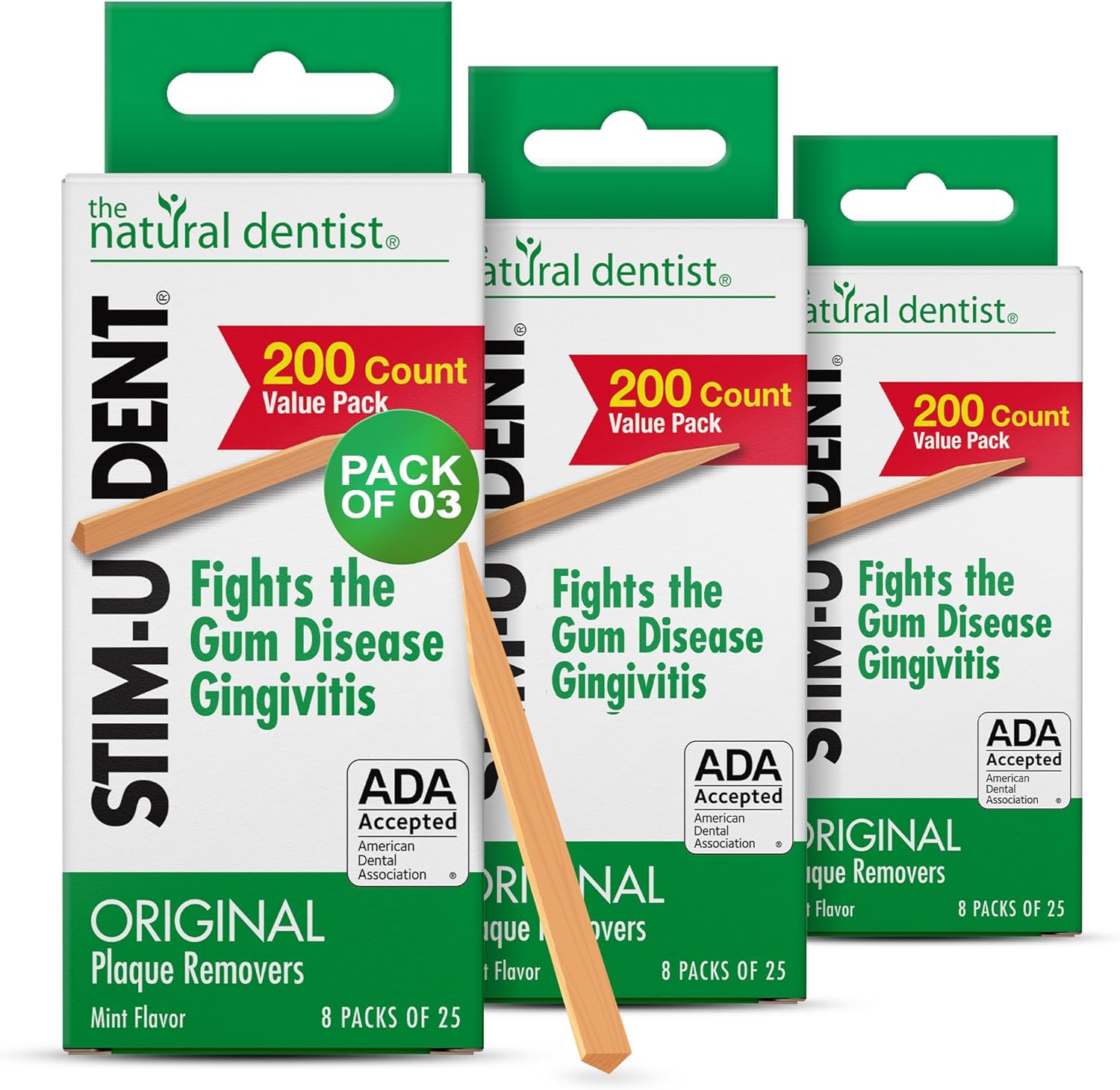 The Natural Dentist Stim-U-Dent Mint Dental Picks, Wooden Toothpicks for Food & Plaque Removal, Travel-Friendly, 24 Packs of 25 (600 Picks)