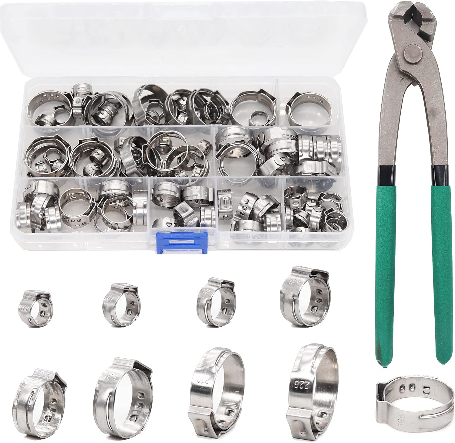 Single Ear Hose Clamps, Oetiker Clamps, 92Pcs(6.0mm-22.6mm) Crimp Pipe Clamps Assortment Kit with Oetiker Clamps Plier and Gloves for Pipe,Plumbing,Automotive, 304 Stainless Steel