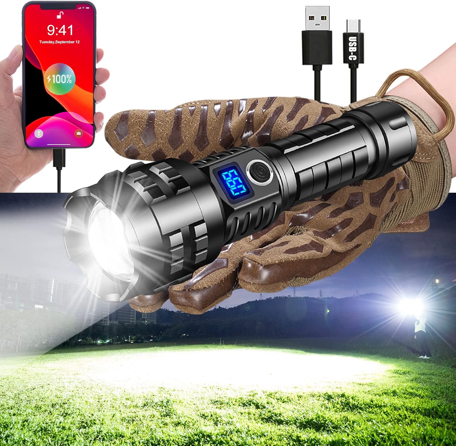 Worlds Brightest Flashlight 200000 lumens OLED Charging Display AIFIRE Best Rechargeable LED Spotlight USB-C Power Bank Holster