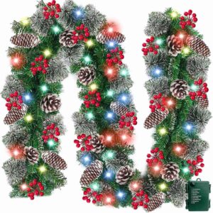 Timer 8 Modes – 9 Ft by 10 Inch Prelit Christmas Garland with 50 Colorful Lights Thick 270 Snowy Branches 10 Pinecone 70 Berry Battery Operated Xmas Decor Mantle Stairs Porch Front Door Indoor Outdoor