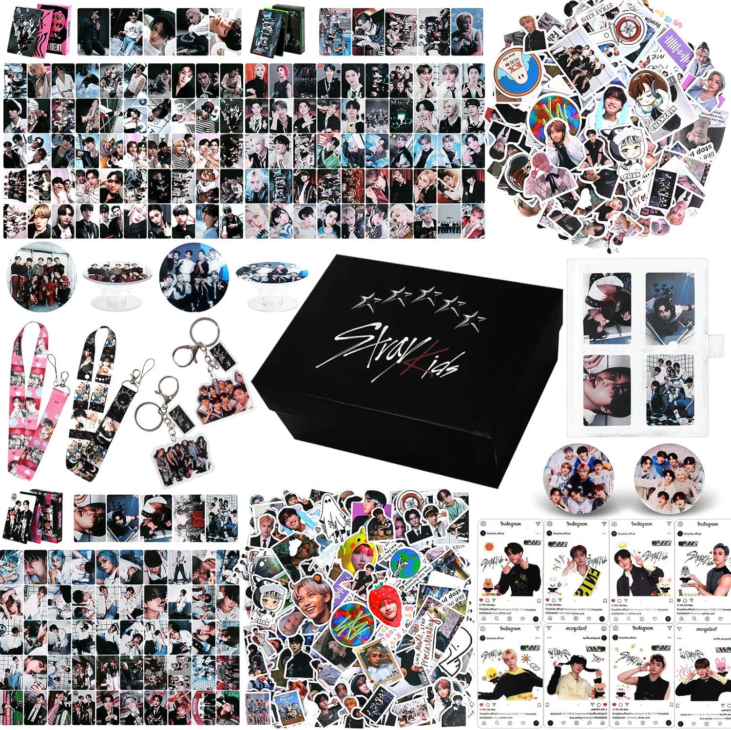383Pcs Stray Kids Merch Gift Box Set Including Photocard Holder, 3 Styles 165 Postcards, 200 Stickers, 8 Transparent Cards, 2 Keychain, 2 Lanyards, 2 Badges and Phone Ring Holder for Skz'Fans