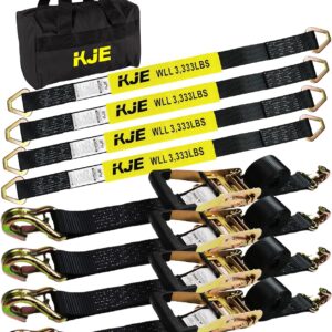 Heavy Duty Car Trailer Tie Down Straps 4 Pack Kit – 2″ x 8′ Ratchet Straps + J-Hooks with Clip, 2″ x 36” Axle Straps – 10,000lbs Break Strength – Use for Car, Truck, UTV Transport Heavy Duty Car Trailer Tie Down Straps 4 Pack Kit – 2″ x 8′ Ratchet Straps + J-Hooks with Clip, 2″ x 36” Axle Straps – 10,000lbs Break Strength – Use for Car, Truck, UTV Transport