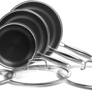 Frying Pans Set Non Stick, 6 Pcs Premium 18/10 5-Ply Stainless Steel | Hybrid Non stick 8 10 12-inch Frying Pans with Lid, Induction Compatible, PFOA Free Professional Chef Quality Cookware Set Frying Pans Set Non Stick, 6 Pcs Premium 18/10 5-Ply Stainless Steel | Hybrid Non stick 8 10 12-inch Frying Pans with Lid, Induction Compatible, PFOA Free Professional Chef Quality Cookware Set