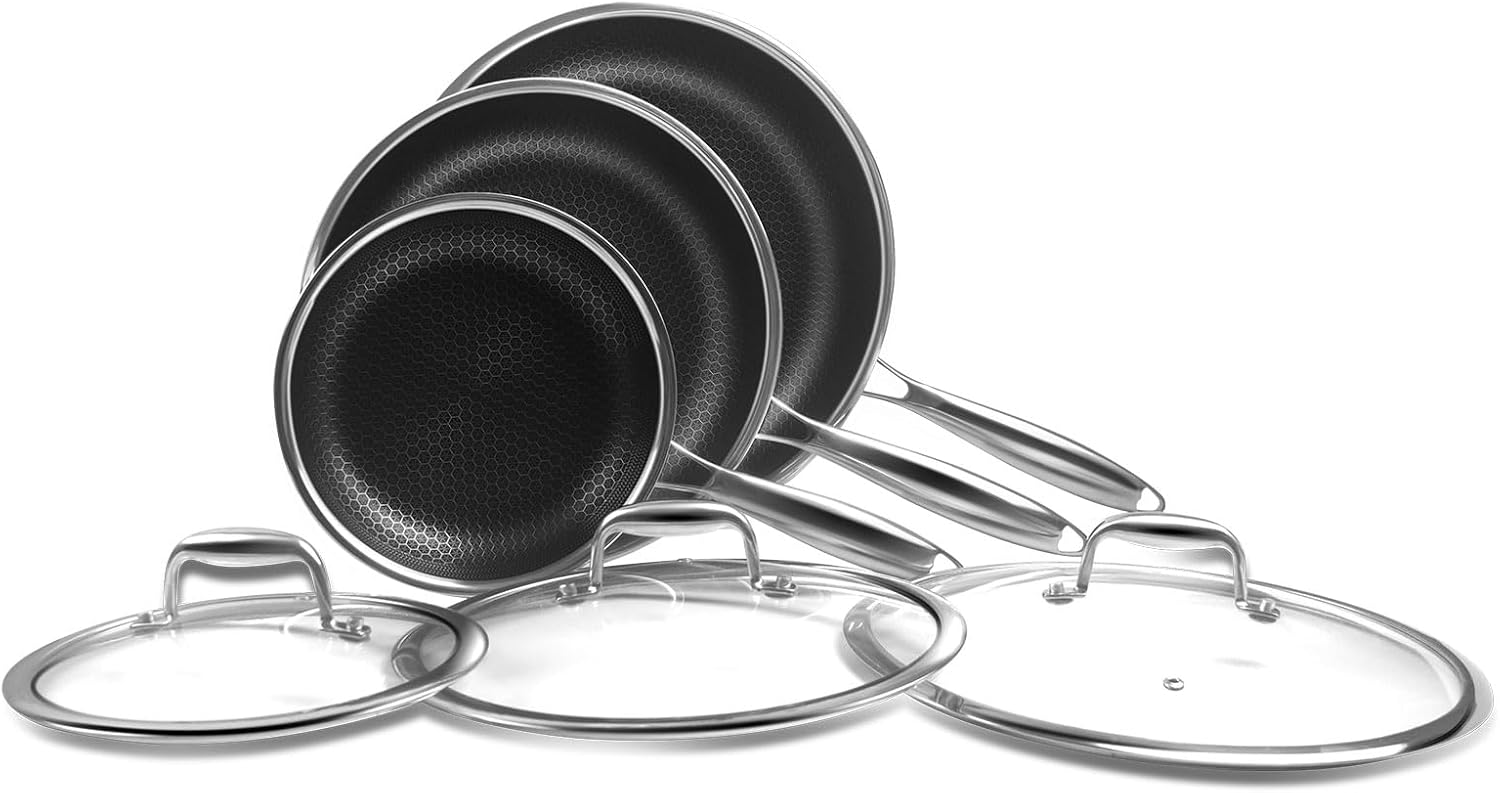Frying Pans Set Non Stick, 6 Pcs Premium 18/10 5-Ply Stainless Steel | Hybrid Non stick 8 10 12-inch Frying Pans with Lid, Induction Compatible, PFOA Free Professional Chef Quality Cookware Set