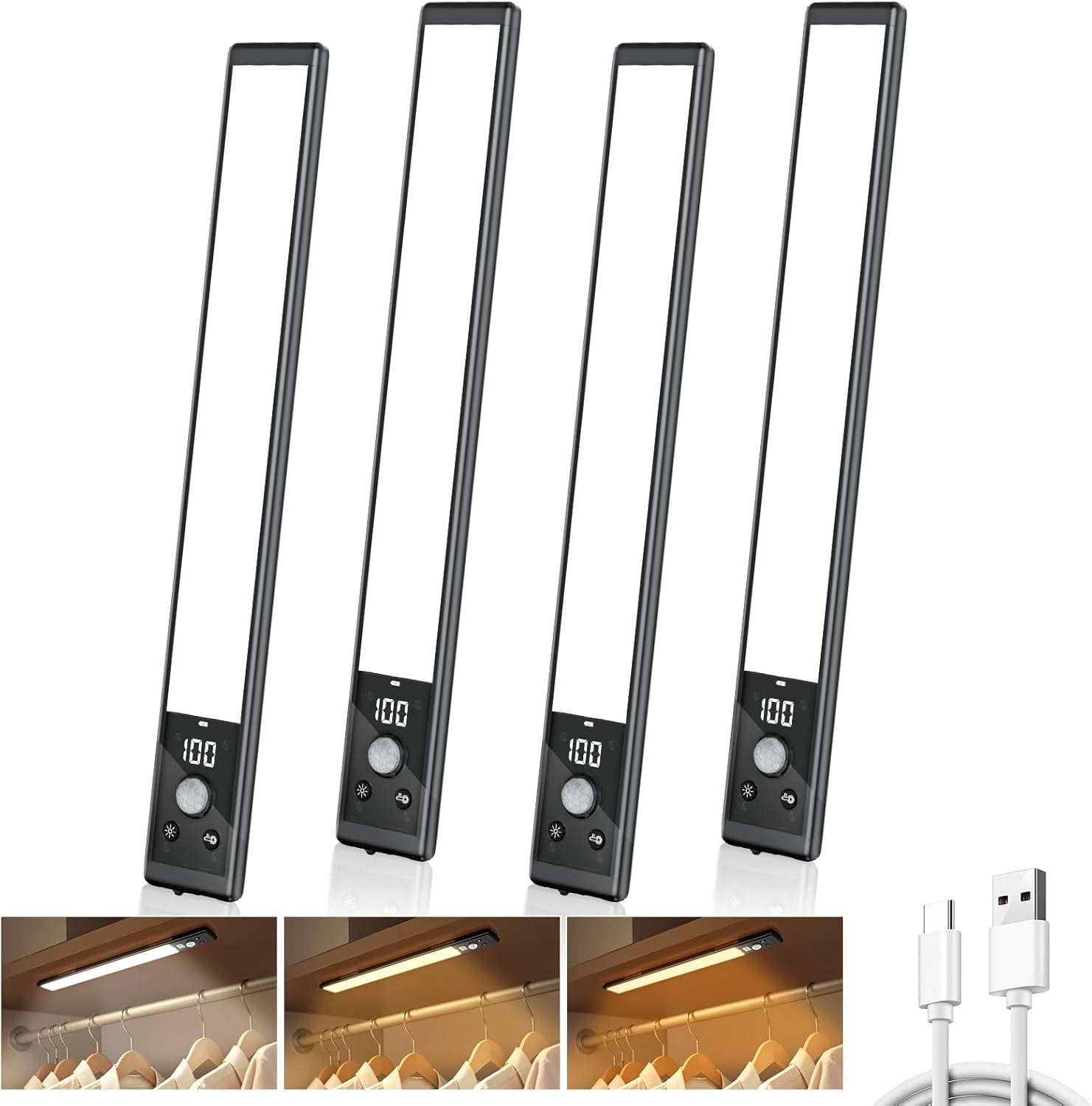 Mpotmiy 4 Pack 10" Under Cabinet Lights with Digital Display,52 LED Rechargeable Motion Sensor Light Indoor,3 Color Temperatures, Magnetic Dimmable Closet Lights, Under Counter Light for Kitchen