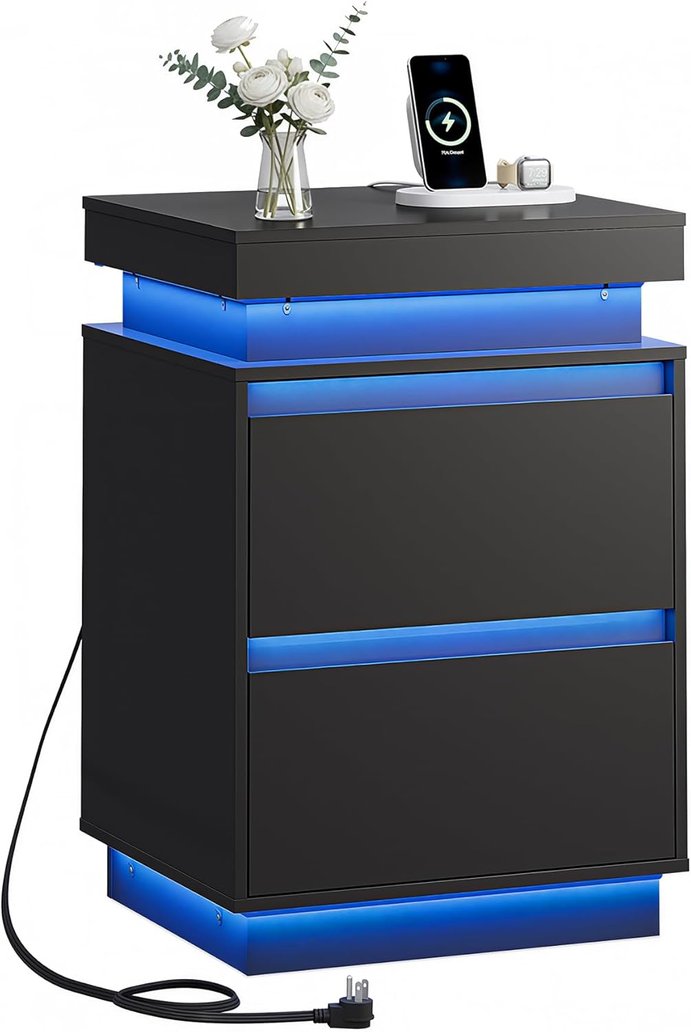 WLIVE Black LED Nightstand with Charging Station, 26 Inches Night Stand with Sliding Top, 2 Drawers, 29 Colors and Multi‑Scene Rhythms, Modern End Table for Bedroom, Living Room, Gaming Room