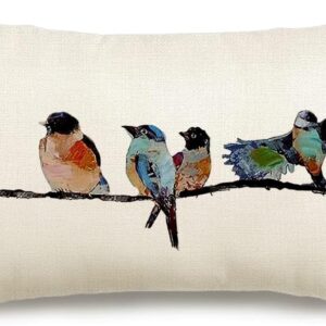 RABUSOFA 12×20 Lumbar Pillow Decorative Throw Pillows,Small Hand-Painted Outdoor Birds Pillowcases,Spring Summer Pillows Decorative Throw Cushion Covers Linen for Couch Sofa Teal Blue