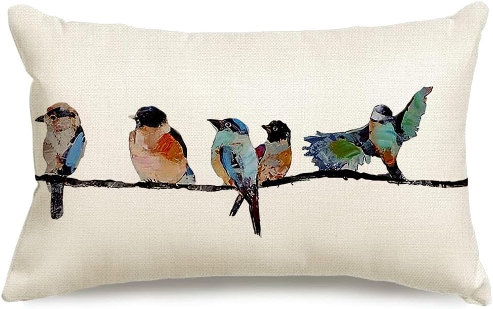 RABUSOFA 12x20 Lumbar Pillow Decorative Throw Pillows,Small Hand-Painted Outdoor Birds Pillowcases,Spring Summer Pillows Decorative Throw Cushion Covers Linen for Couch Sofa Teal Blue
