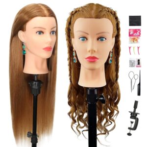 Mannequin Head Human Hair- Cosmetology Manikin Doll Head with 80% Real Hair for Hairdresser Practice Styling Braiding Training Heads & Clamp Holder (Brown)