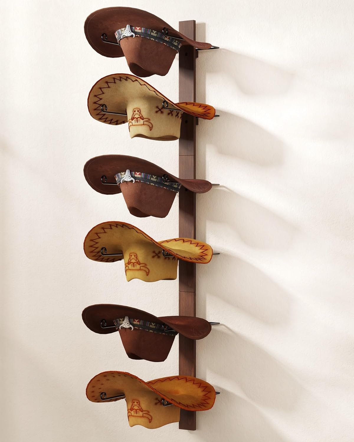Cowboy Hat Holder, 3-Piece Wall Mount Cowboy Hat Rack for Wall Holds up to 6 Hats – Wooden + Metal Rustic Western DIY Hat Racks for Wall Storage and Home Décor