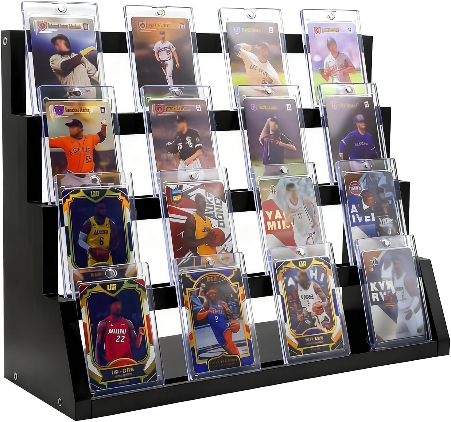4-Tier Wooden Trading Card Display Stand – Graded Sports Card Holder for Baseball, Football, Basketball & TCG Card Game Collection Showcase (Black)