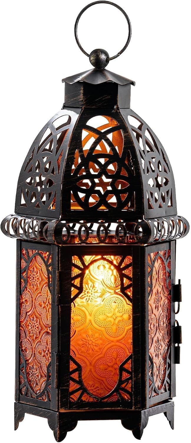 Vintage Large Size Decorative Ramadan Candle Lantern, 12.8’’ Metal Hanging&Tabletop Moroccan Lantern Candle Holder Decor, Halloween Christmas Decorations for Home Indoor Outdoor Patio (Amber)