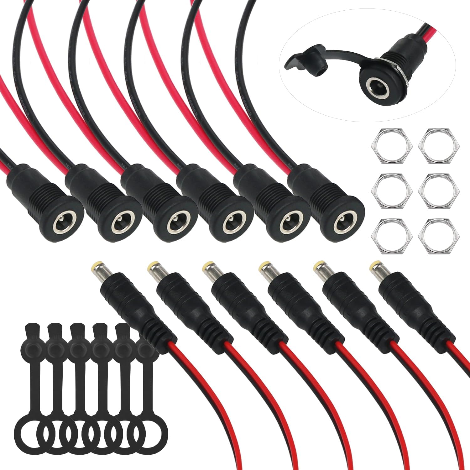 6 Sets 5.5 x 2.1mm DC Power Jack Threaded Female Panel Mount Barrel Connector Adapter Kit with Cover Cap OLA012
