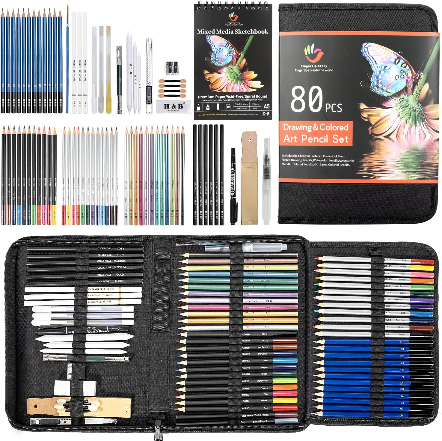 H & B 80 PCS Pro Drawing & Art Supplies Set, Sketching Kit with Watercolor, Metallic & Oil Based Colored Pencils, Charcoal Pencils & Gel Pens for Adult Artists Beginners, Includes Sketch Book & Case