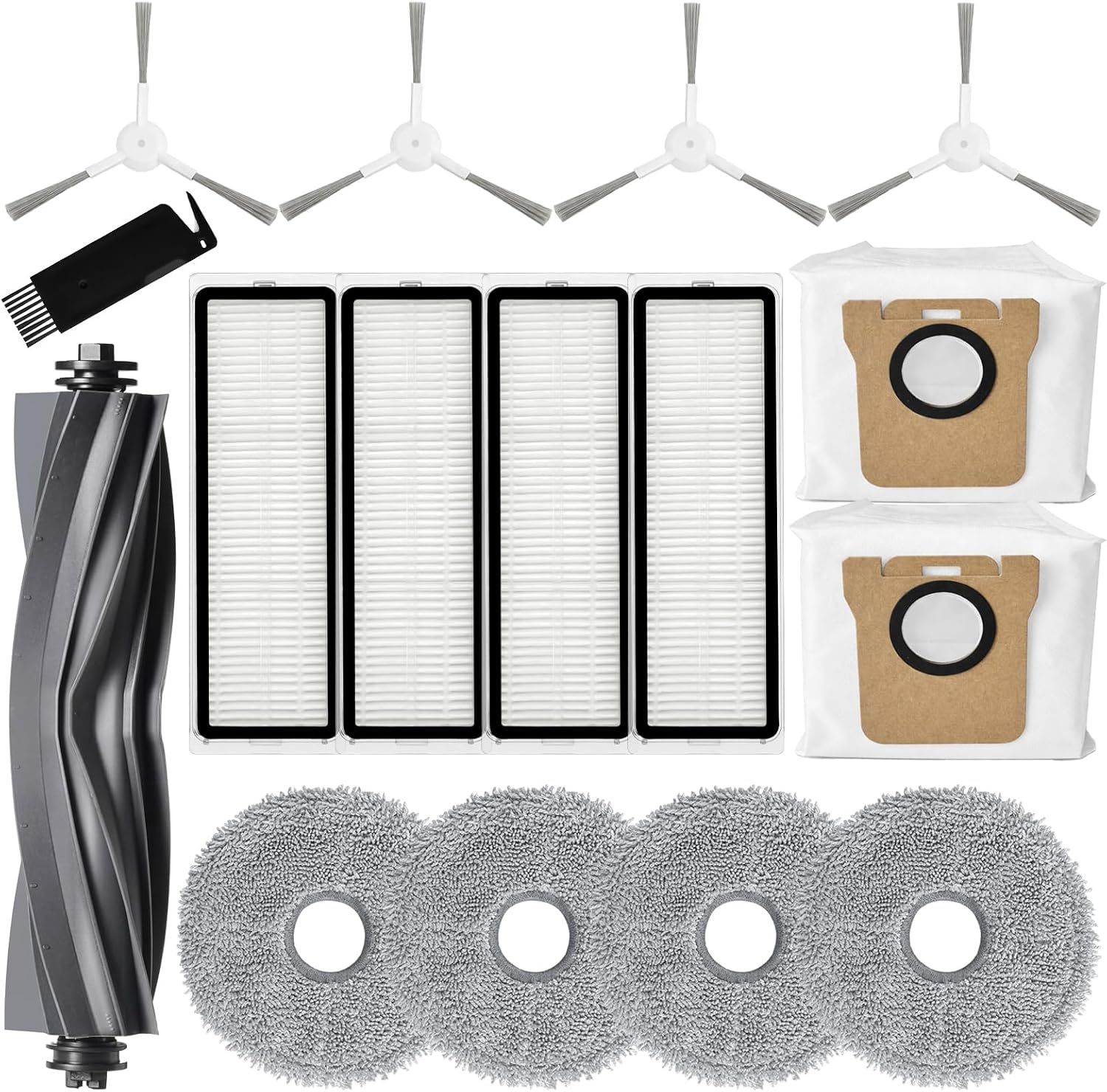 Replacement Parts Compatible for Dreame L10s Ultra / L10 Ultra Robot Vacuum Accessories, 1 Main Rubber Brush, 4 Microfiber Mop Pads, 4 Washable Filters, 2 Dust Bags, 4 Side Brushes, 1 Cleaning Brush